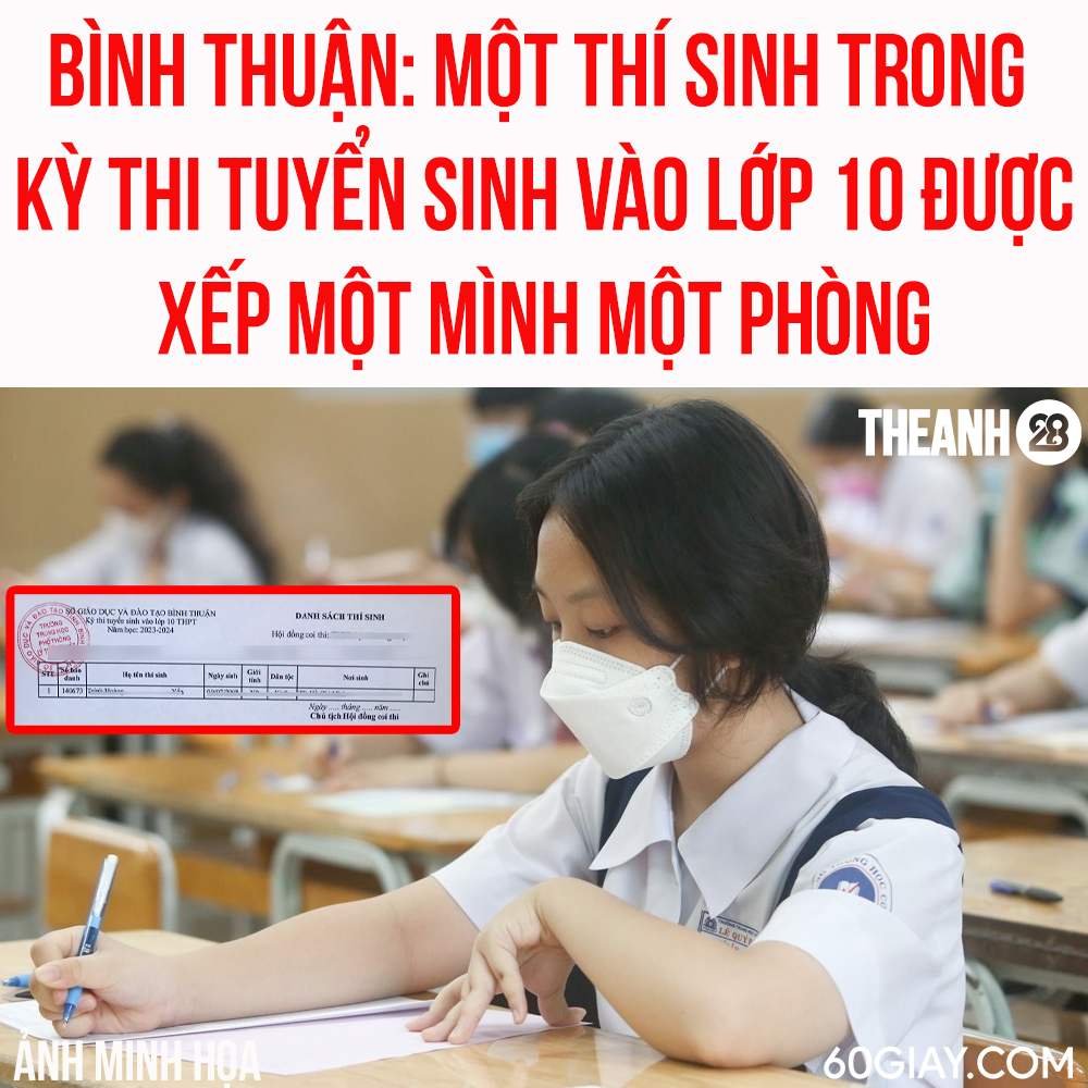 CHÚC BẠN GÁI THI TỐT

Mới đây, một trường THPT đã công bố sơ đồ phòng thi và danh sách thí sinh dự thi tuyển sinh vào lớp 10 năm học 2023-2024.

Theo đó, trường tổ chức 29 phòng thi, mỗi phòng có 24 thí sinh.Xem thêm Duy chỉ có phòng thi cuối cùng là phòng thi số 29 chỉ có 1 thí sinh.

Nhiều cư dân mạng đã chúc thí sinh cuối cùng này thi tốt vì có lẽ một mình một phòng với giám thị coi thi ít nhiều cũng có chút áp lực.

Ảnh: Trường THPT Lý Thường Kiệt