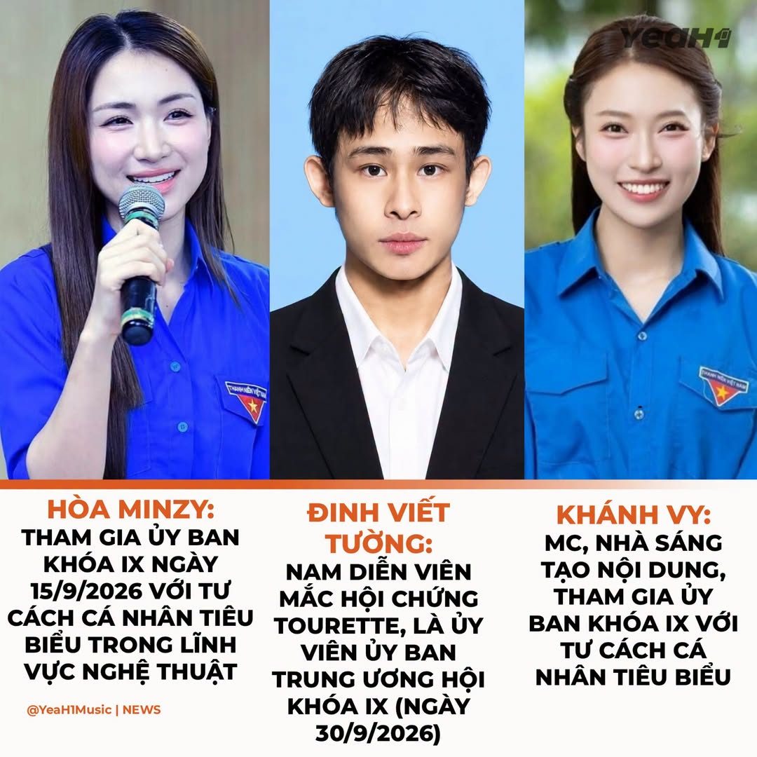 Dù hoạt động trong 3 lĩnh vực khác nhau, nhưng cả Hòa Minzy - Khánh Vy - Đinh Viết Tường đều là những gương mặt nổi bật và nhận được nhiều sự chú ý. Cả 3 là gương mặt trẻ tiêu biểu cùng góp mặt trong Ủy ban Trung ương Hội LHTN Việt Nam khóa IX.
