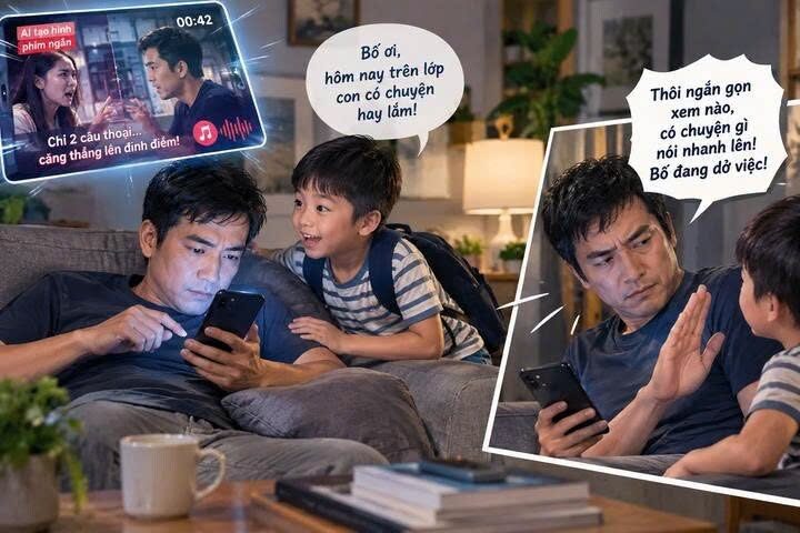 ηgнιệη phim ngắn AI, con vừa mở lời bố đã xua tay 'nói nhanh lên' ηgнιệη phim ngắn AI không chỉ dừng lại ở sự lãng phí thời gian, mà đang trực tiếp bẻ gãy nhịp kết nối và sự kiên nhẫn tối thiểu giữa các thành viên trong gia đình