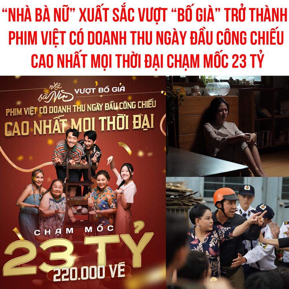 'NHÀ BÀ NỮ' XUẤT SẮC VƯỢT 'BỐ GIÀ', TRỞ THÀNH PHIM VIỆT CÓ DOANH THU NGÀY ĐẦU CÔNG CHIẾU CAO NHẤT MỌI THỜI ĐẠI!!!

Với 23 tỷ doanh thu và hơn 220.000 vé bán ra chỉ trong mùng 1 Tết đãXem thêm chứng minh được sức hút phần nào của Trấn Thành. Hiện các suất của phim đang kín rạp trong các ngày tới

NHÀ BÀ NỮ | ĐANG CHIẾU TẠI RẠP