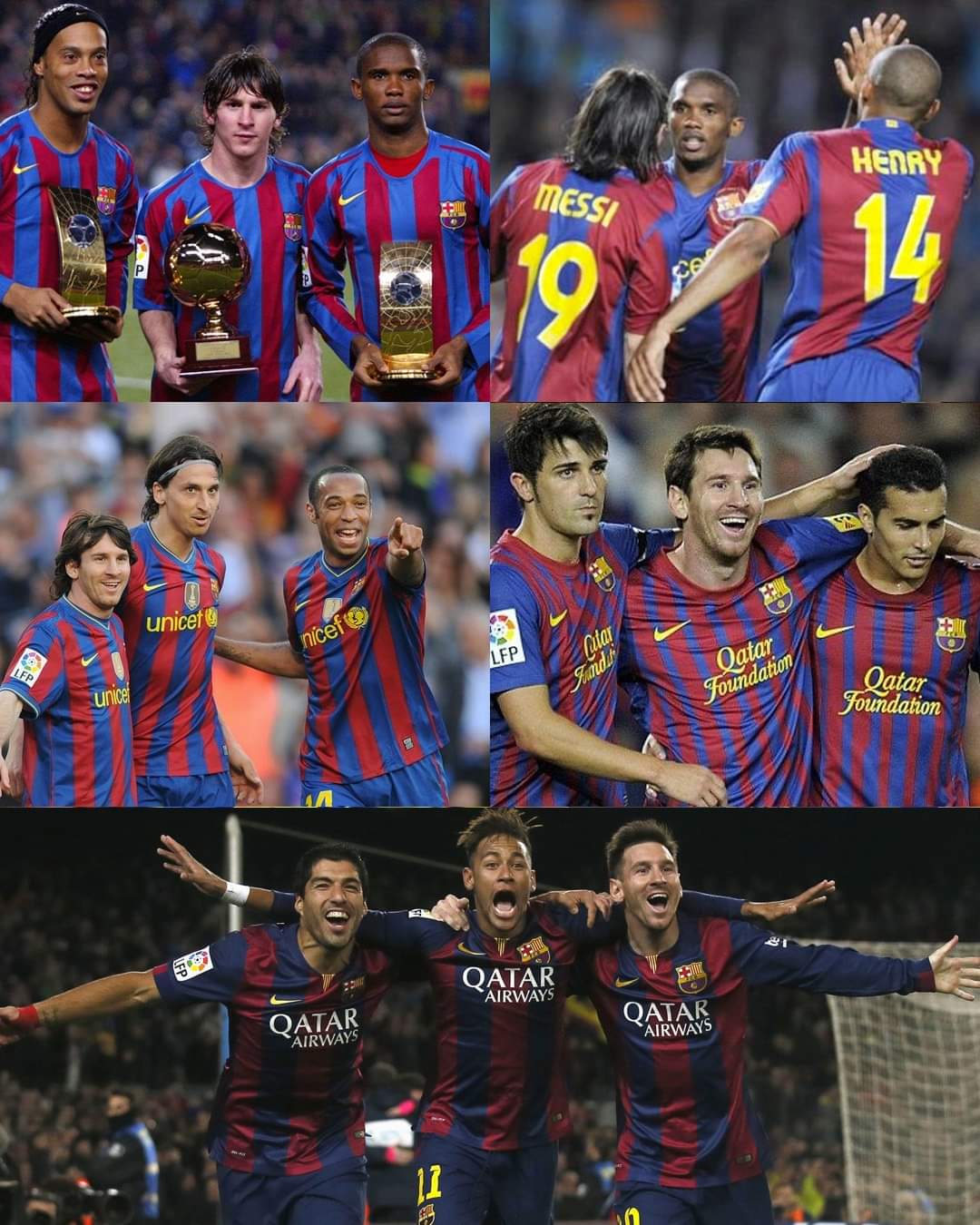 Nếu là Fan của Barca đâu là bộ ba bạn yêu thích nhất ⁉️
🌟 Ronaldinho - Messi - Eto'o: Ở mùa giải 2005/06, bộ ba này có cú ăn 3: vô địch La Liga, siêu cúp Tây Ban Nha và Champions League

🌟Messi - Henry - Eto'o:Xem thêm Thierry Henry đã làm rất tốt nhiệm vụ khỏa lấp khoảng trống mà Ronaldinho để lại trên hàng công Barca. Họ cùng nhau chinh phục các danh hiệu La Liga, Cúp Nhà vua và Champions League ở mùa giải 2008/09.

🌟Messi - Ibrahimovic - Henry: Sau khi Eto'o chuyển sang Inter Milan, Barca chiêu mộ Zlatan Ibrahimovic để thay thế. Tiền đạo người Thụy Điển chơi khá ấn tượng nhưng sớm phải rời đi vì có những xích mích với HLV Pep Guardiola.

🌟Villa - Messi - Pedro: Barca thống trị các giải đấu (La Liga, Champions League...) bộ ba này kết hợp với lối đá tiki-taka đạt đến đỉnh cao.

🌟Suarez - Neymar - Messi: Với Luis Suarez sắm vai tiền đạo cắm, Messi trở về cánh phải, còn cánh trái thuộc về Neymar. Họ được đánh giá là bộ ba tiền đạo thi đấu hiệu quả bậc nhất lịch sử.