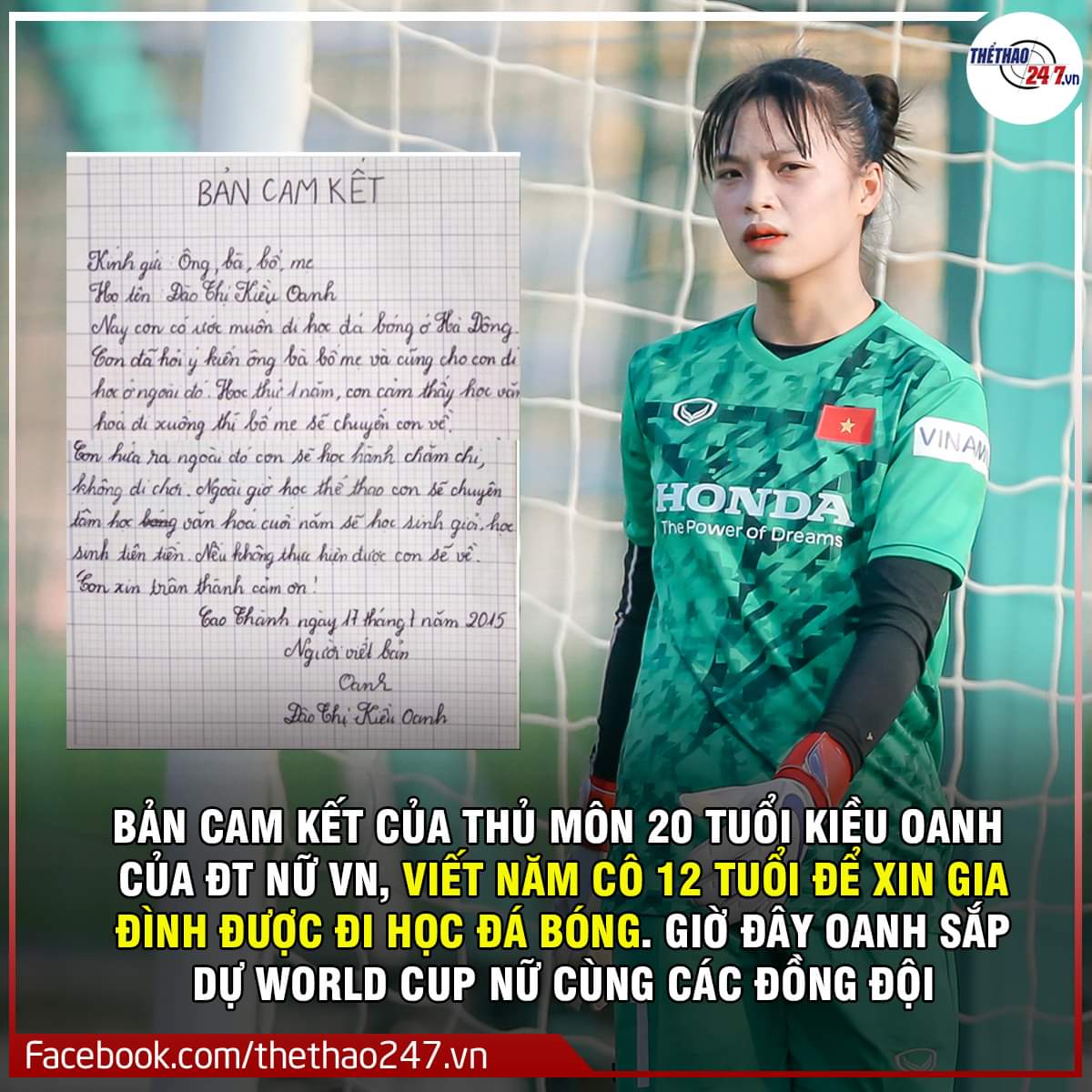Niềm đam mê với đá bóng của cô gái trẻ 20 tuổi Đào Thị Kiều Oanh. Ít ai biết rằng năm 12 tuổi Oanh đã viết bản cam kết để xin gia đình đi học đá bóng ❤
