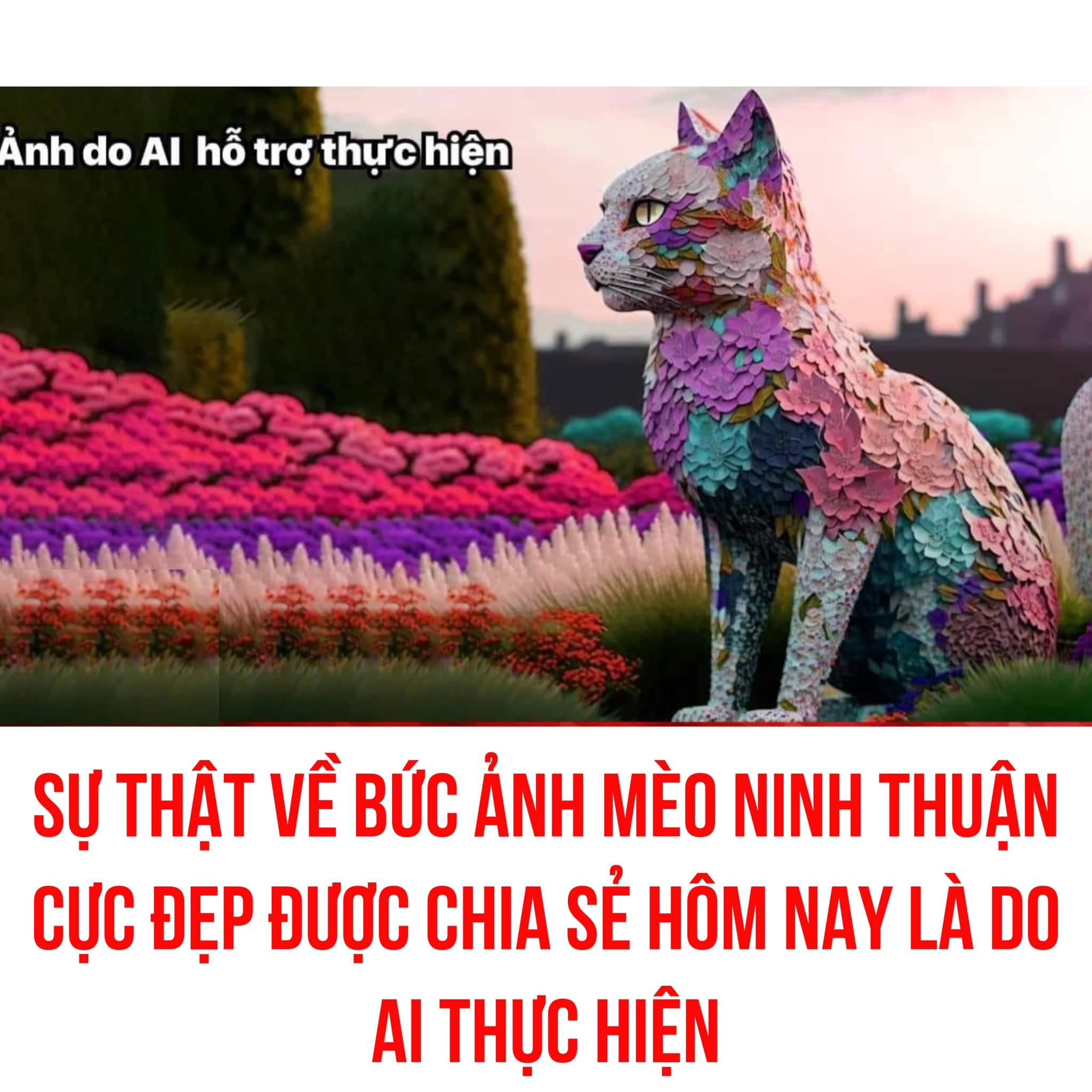 Ơ KÌA 🥹🥹

Sáng 16/1, trên nhiều trang mạng có chia sẻ hình ảnh 1 chú mèo đón năm mới rất đẹp và giới thiệu rằng đây là mèo Ninh Thuận.

Sau khi kiểm tra, nhiều cư dân mạng thấy có nhiều chi tiết trong ảnh khôngXem thêm hợp lý. Và qua tìm hiểu ban đầu, thì đây là 1 bức ảnh do AI hỗ trợ thực hiện.

Thực tế, tượng mèo đón năm mới tại Ninh Thuận đặt tại Quảng trường 16/4 là tượng đất màu vàng.