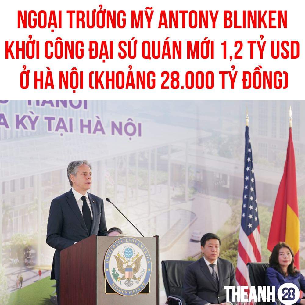 ĐẠI SỨ QUÁN MỚI CỦA MỸ ĐƯỢC KHỞI CÔNG VỚI TỔNG NGÂN SÁCH 1,2 TỶ USD

Sáng 15/4, Ngoại trưởng Mỹ Antony Blinken và Bộ trưởng Ngoại giao Bùi Thanh Sơn đã khởi công khu phức hợp Đại sứ quán mới của Mỹ tại vị tríXem thêm giao giữa công viên Cầu Giấy với phố Phạm Văn Bạch (quận Cầu Giấy, Hà Nội).

Khu phức hợp Đại sứ quán Mỹ có tổng ngân sách 1,2 tỷ USD, quy mô 39.000m2 trên khu đất có tổng diện tích 3,2 hecta.

Ngoại trưởng Mỹ Antony Blinken chia sẻ: 