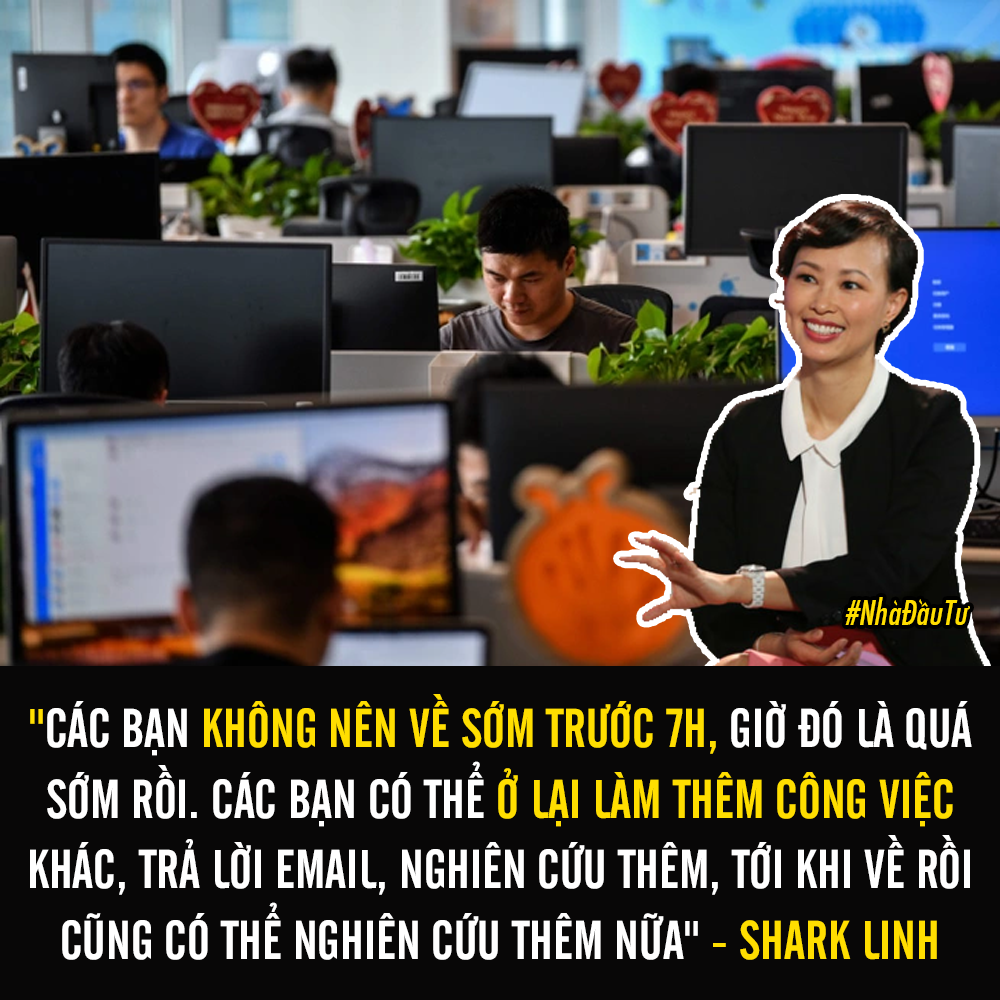 CÁC BẠN TRẺ ĐI LÀM KHÔNG NÊN VỀ TRƯỚC 7 GIỜ TỐI...

Cũng theo Shark Linh, may mắn là do bản thân mỗi người tự tạo ra. Nhiều người thường cho rằng cuộc đời mình không may mắn, hay gặp xui xẻo trong khi nhữngXem thêm người khác vẫn gặp may. Nhưng rất có thể những người than phiền đã gặp may mắn rồi, chỉ là họ không biết cách nắm lấy.

“Khi Linh tình cờ gặp cơ hội, Linh đã chuẩn bị trước đó 10 năm rồi. Lời khuyên cho các bạn là không quan trọng bạn muốn làm gì, làm ngành nào, làm lĩnh vực nào mà quan trọng là bạn đang tăng trưởng như thế nào”.

“Điều cơ bản nhất là các bạn đi làm từ 9h sáng đến 6h chiều về, nhưng sau đấy các bạn phải làm thêm cái gì đó nữa. Nghĩa là: Các bạn không nên về trước 7h, giờ đó là quá sớm rồi. Các bạn có thể ở lại làm thêm công việc khác, trả lời email, nghiên cứu thêm, tới khi về rồi cũng có thể nghiên cứu thêm nữa”.

“Chỉ có như vậy các bạn mới có đủ sự chuẩn bị để nắm lấy cơ hội”, Shark Thái Vân Linh kết luận.

#nhadautu