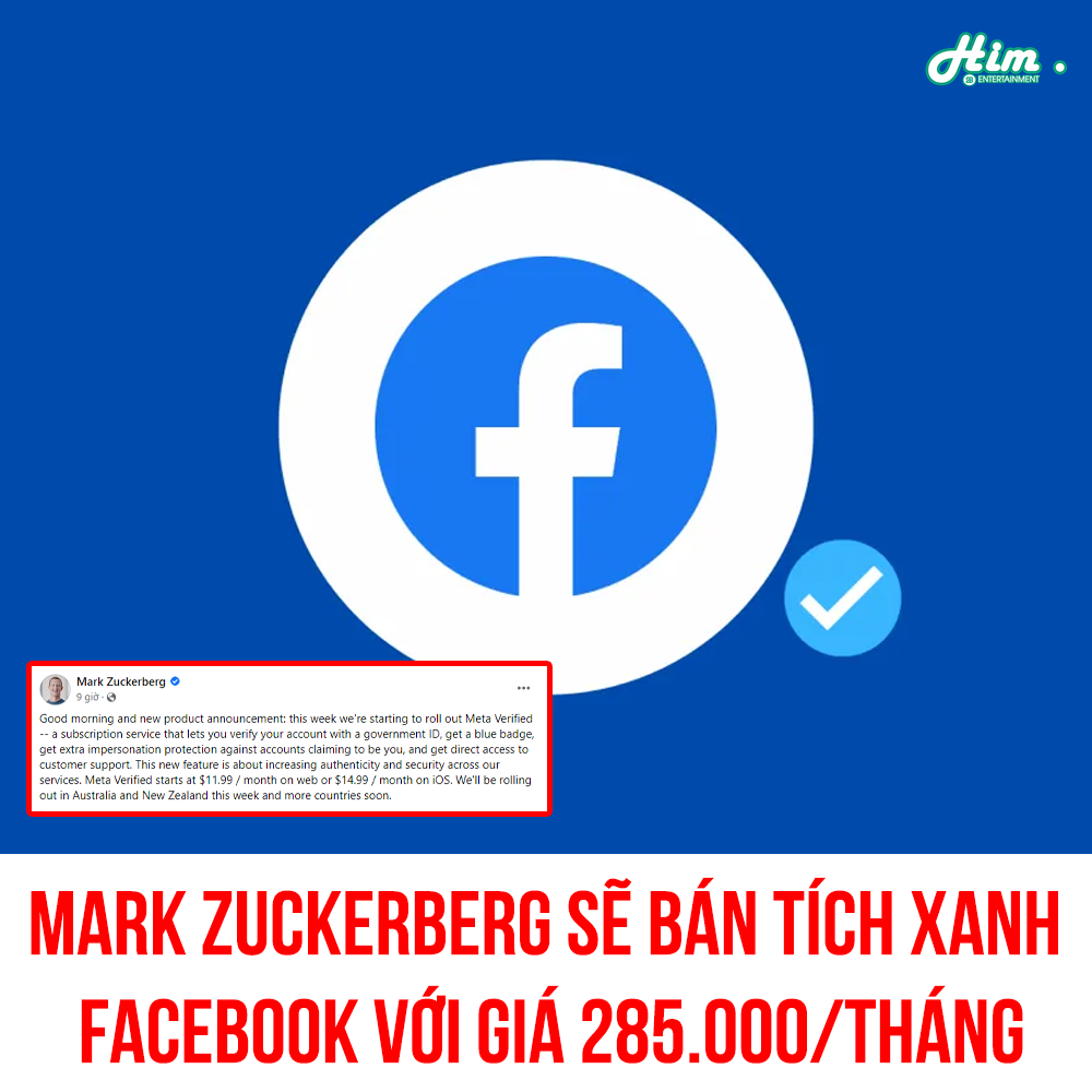 AI RỒI CŨNG CÓ TÍCH XANH =))

Theo đó, Meta - công ty mẹ của mạng xã hội Facebook sẽ bắt đầu triển khai một sản phẩm mới có tên Meta Verified. Đây là dịch vụ cho phép người dùng mạng xã hội Facebook có thể xácXem thêm minh tài khoản của mình thông qua giấy tờ tùy thân do Chính phủ cấp.

Tích xanh Facebook là những tài khoản Facebook được xác minh chính chủ. Mark Zuckerberg vừa tuyên bố sẽ bán những tài khoản này theo tháng với giá 11,99 USD.