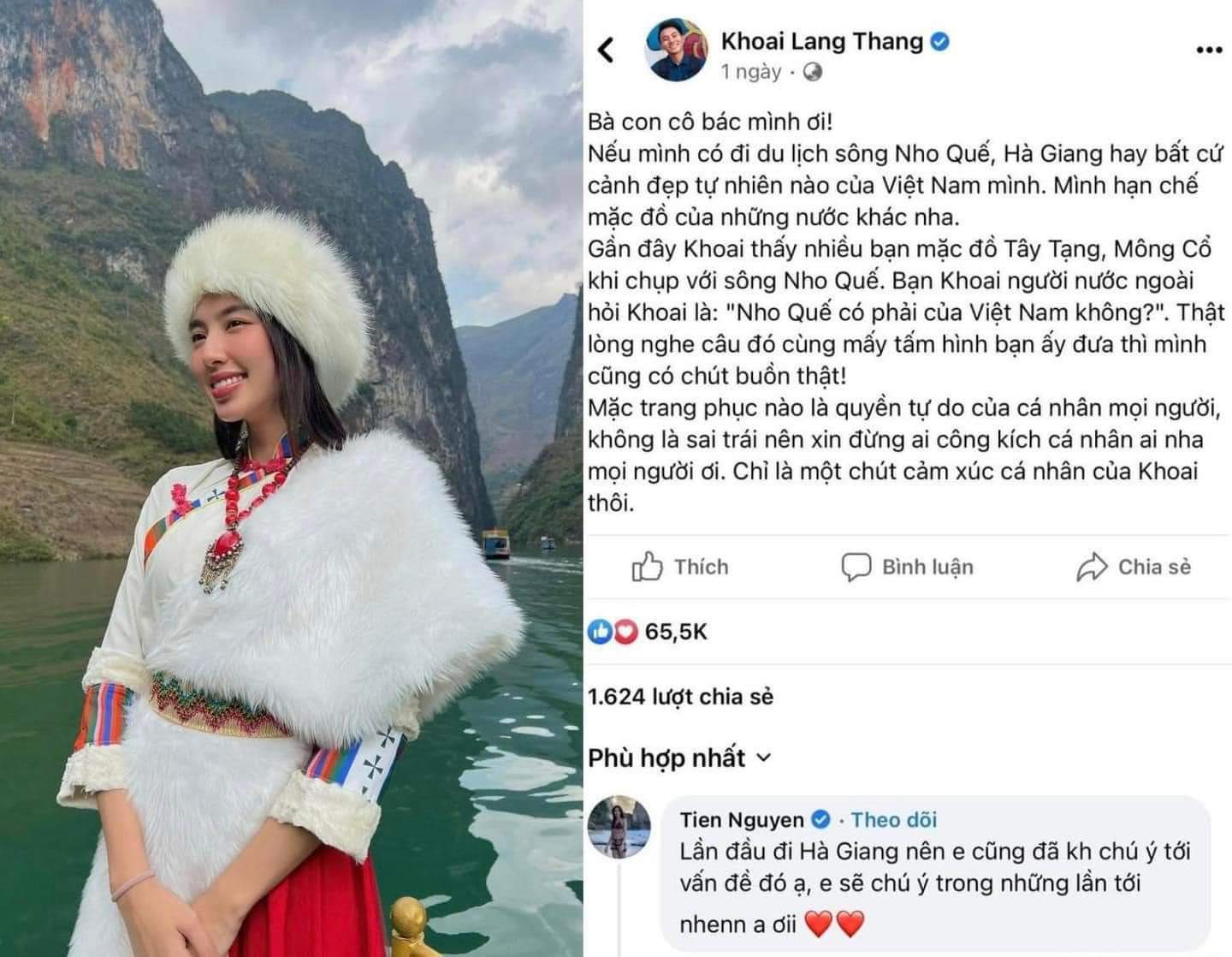 Hoa hậu Thuỳ Tiên thẳng thắn nhận sai sót khi mặc trang phục Mông Cổ chụp hình tại sông Nho Quế - Hoàng Giang ở phần bình luận bài viết của Youtuber Khoai Lang Thang