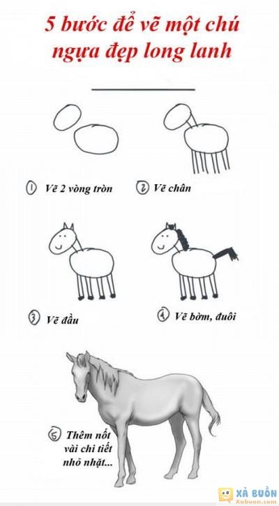 Hướng dẫn vẽ con ngựa với 5 bước đơn giản :p <3 Nếu bạn đam mê vẽ tranh và muốn thử sức vẽ một con ngựa đơn giản nhưng đẹp, hãy theo dõi ảnh hướng dẫn này. Với 5 bước đơn giản, bạn sẽ hoàn thành một bức tranh con ngựa đáng yêu cho riêng mình.