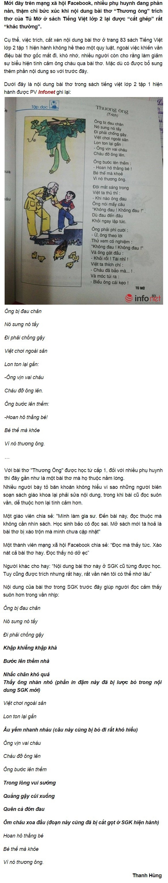 Xung quang tranh cãi bài thơ “Thương ông” trong Sách giáo khoa lớp 2